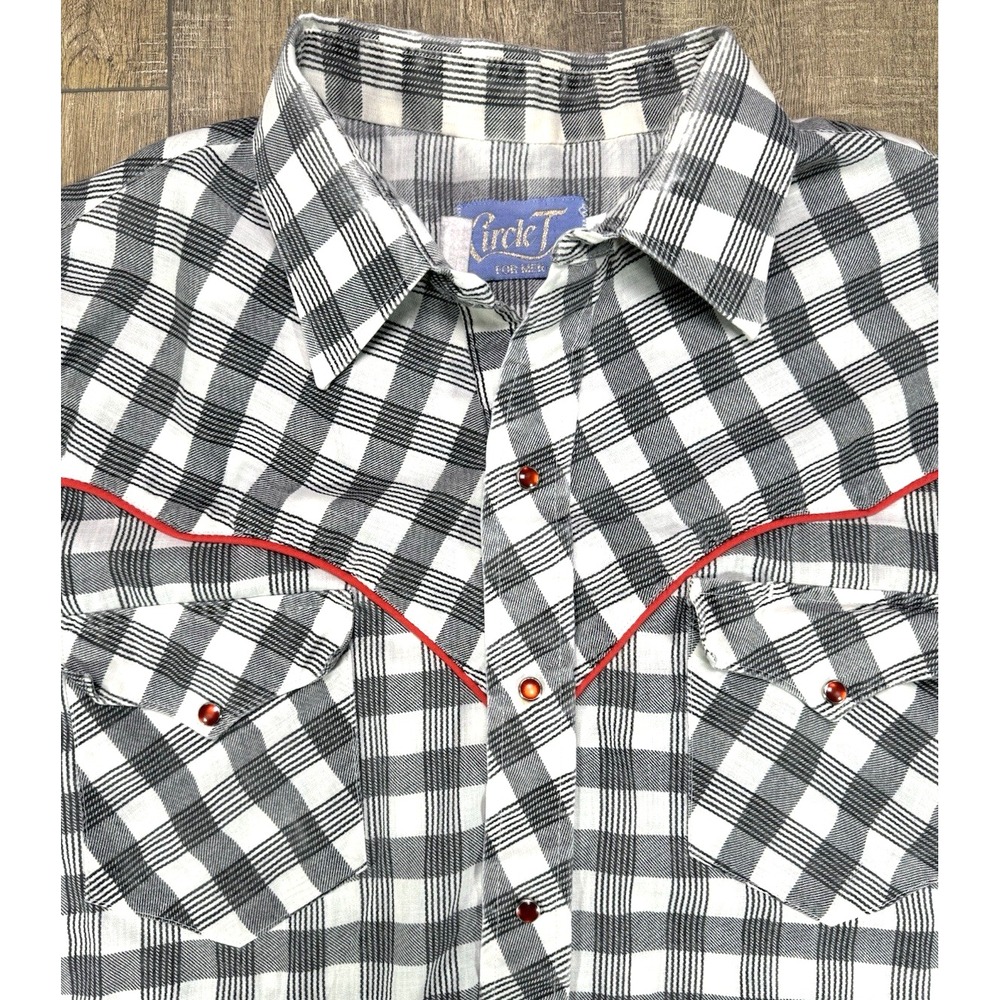 Vintage 1970s Circle T Red Piping Pearl Snap Plaid Western Shirt Mens L